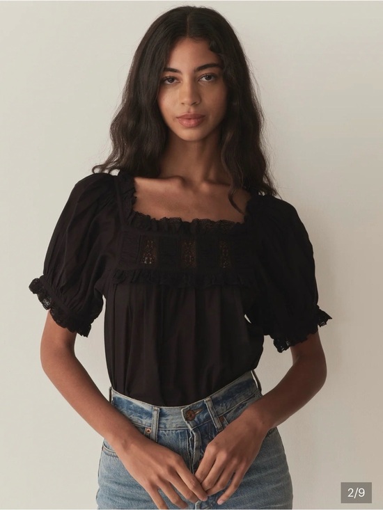 Doen Tops - Doen Frances Black Lace-Trim Square Neck Puff Sleeve Blouse